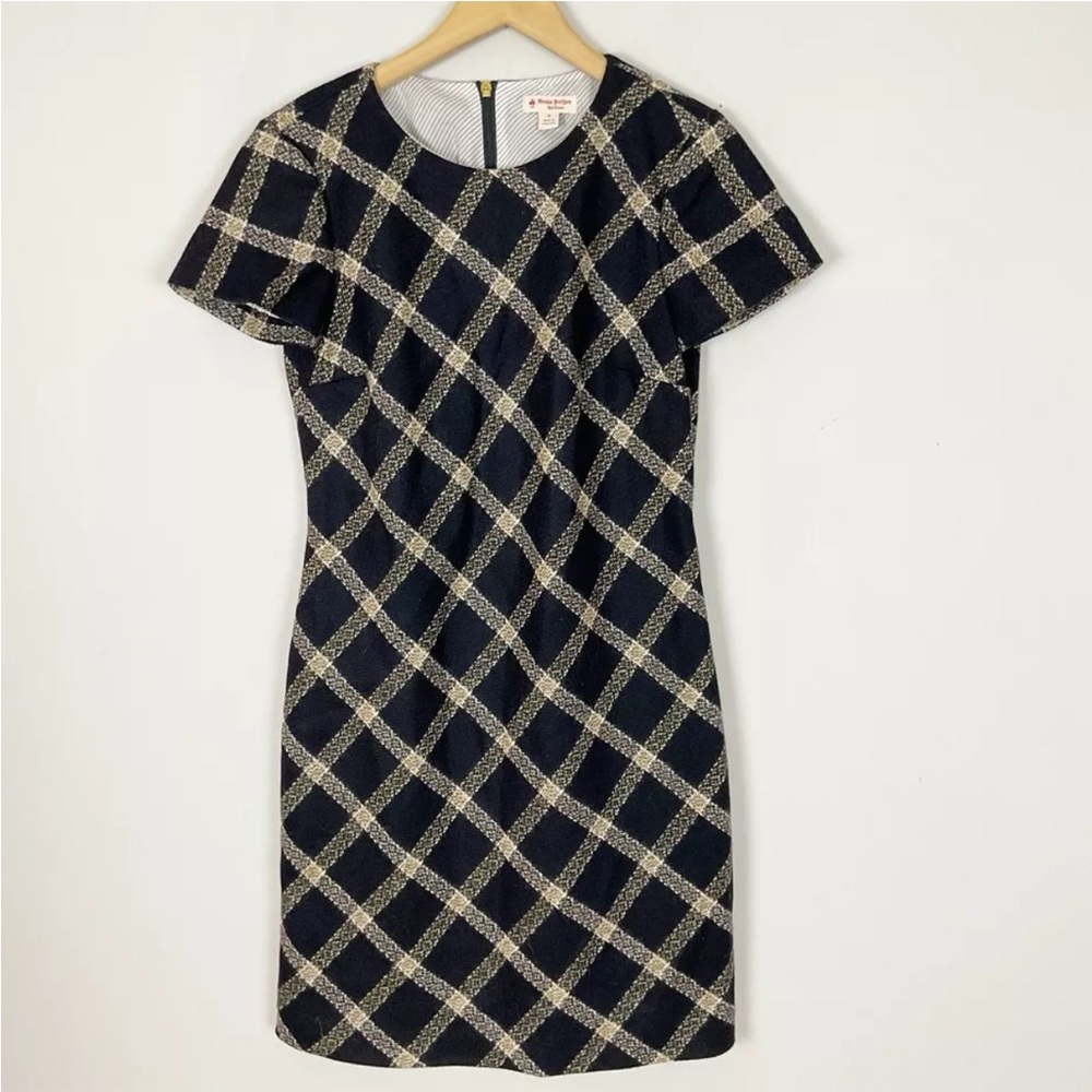 Brooks Brothers Navy Blue and Gold Plaid Short-Sleeve Sheath Dress